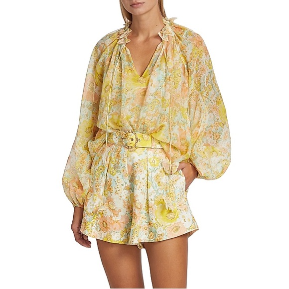 Zimmermann yellow belted floral linen shorts - Picture 1 of 6